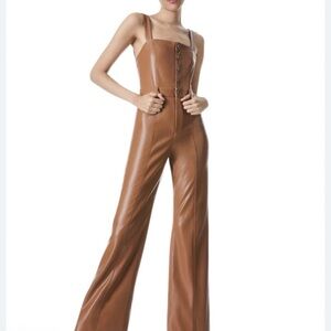 Alice + Olivia Chest-Bodice Wide-Leg Faux Leather Jumpsuit in Camel